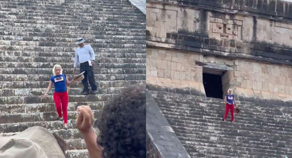 Viral Video: Water Bottles Thrown At Tourist For Climbing Mayan Pyramid in Mexico